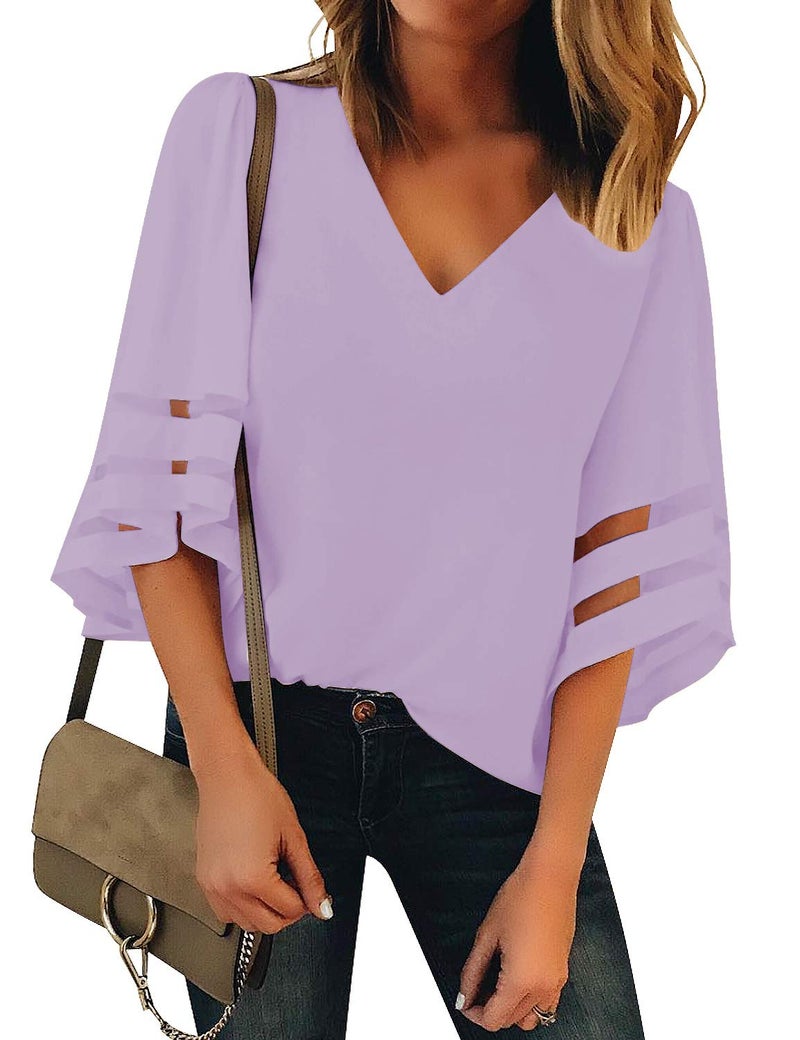 LookbookStore Women Vneck Mesh Panel Light Purple T Shirts for Women V Neck Casual V Neck 3/4 Flared Bell Sleeve Blouse Loose Business Work Blouse and Tops Size Large - Image 1
